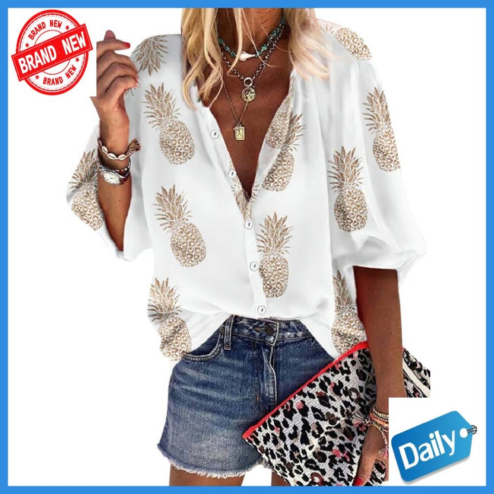 Women's Pineapple Print Lapel Collar Button Down … - image 1